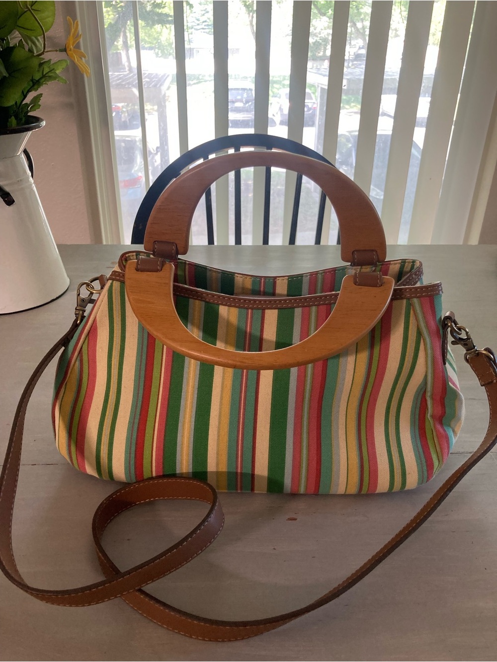 Sonoma Striped  Multicolor Tote Bag with Wooden Handles